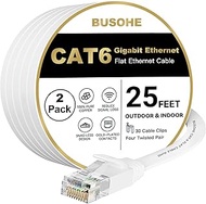 BUSOHE Cat6 Ethernet Cable 25 FT 2Pack White, Cat-6 Flat RJ45 Computer Internet LAN Network Ethernet
