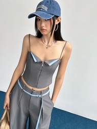 Áo Kiểu 2 Dây Khóa Kim Loại Cao Cấp Màu Xám Phối Viền Xanh Dương - HOO DESIGN