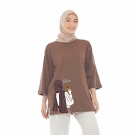 Atasan Wanita Muslimah Oversize Motif DTF Kaos Lengan Panjang 7/8 Cotton Combet 24s Warna Putih