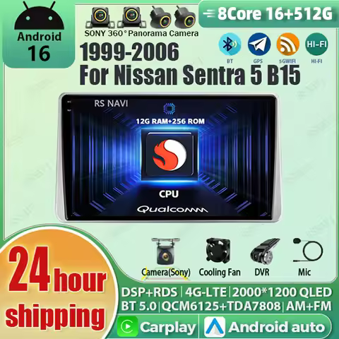 Android 16 Carplay Auto Qualcomm 2K QLED Screen Car Radio Player For Nissan Sentra 5 B15 1999-2006 G