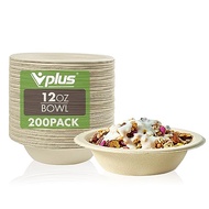 Vplus 200 Pack 12 OZ Paper Bowls, Disposable Compostable Bowls Bulk, Eco-friendly Bagasse Bowls, Hea