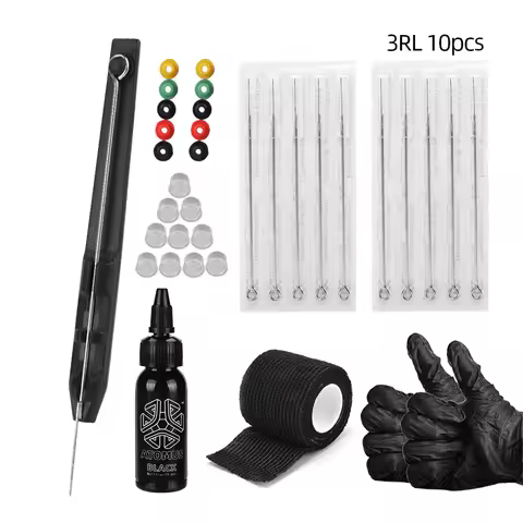 Hand Poke Pen and Stick Tool Set 30ml Black Tattoo Ink Cup Pigment Glover Grommet Bandage Kit Tattoo
