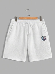 Manfinity RSRT 男裝彈性腰帶白色圖案刺繡短褲，適用於夏天海灘度假