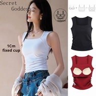 [Secret Goddess] 95% Pure Cotton Wide Shoulder Strap White Tank Top Women's with Chest Pad Wrinkle S