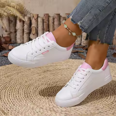 White Shoes Women's Spring Autumn Flat Bottom Leather Sneakers Casual Lace Up Students College Style