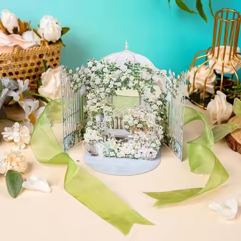 3D Pop-Up Design 3D Pop-Up Greeting Card Green Ribbon Elegant Flower Design Flower Greeting Card Lig