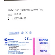 NIPRO MEDICAL NEEDLE 18G x 1 1/4 INCH (32mm) - 100'S Expiry 2027