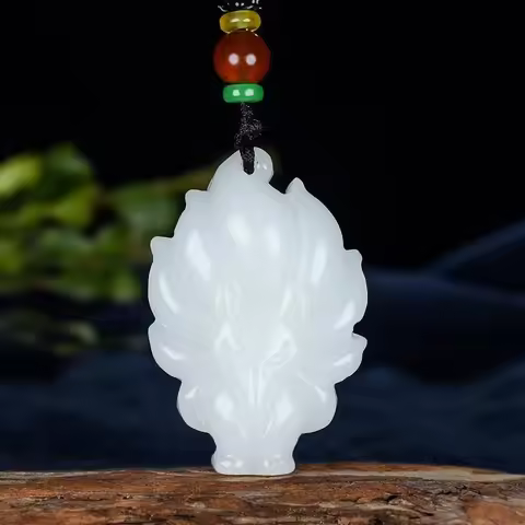 Natural White Jade Nine tailed Fox Pendant Jadeite Necklace Jewellery Fashion Accessories Hand-Carve