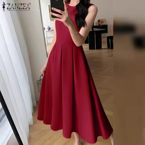 ZANZEA Women Sleeveless Pleated Dress Korean A-line Tank Sundress Summer Elegant Swing Maxi Vestido 
