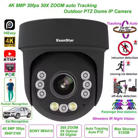 8MP 30fps Auto Tracking IP Camera HiEasy 4K 30X ZOOM POE PTZ Speed Dome IP Camera outdoor ONVIF RTMP