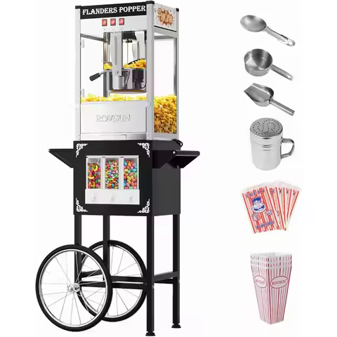 Movie Theater Style Popcorn Maker with 10 Oz Kettle Candy Dispenser Stainless Steel Black Warming Li