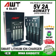 GENUINE AWT Smart Lithium Ion Charger for Battery vape 18650 20700 26659 and Rechargeable Battery ( 4 SLOT ) MNA GADGETZ