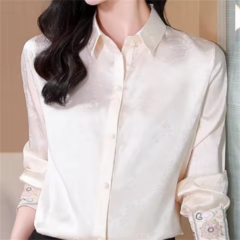 Chinese Shirt Women's Blouse Jacquard Embroidery Tops Satin Long-sleeved Polo Button Blous Elegant C