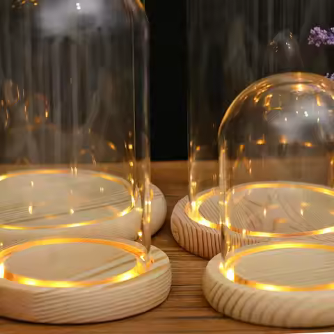Glass Display Dome with Wood Base LED Light Transparent Vase for DIY Miniature Dollhouse Decoration