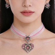 rantai leher perempuan 项链 Cross-Border Edelweiss Love Heart Necklace Earring Set Light Luxury Retro 