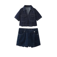 Wholesale  Women Flip Collar Short Sleeve Shirt+ Cowboy Culotte 3795