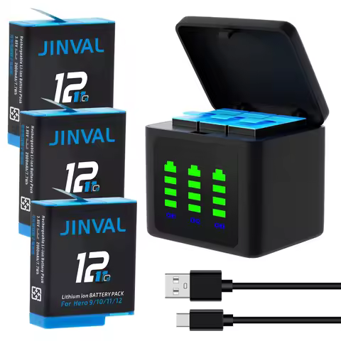 Li-ion Battery for GoPro Hero 12/11/10/9 Black, Replacement Batteries+3-slots LED Type C Charger for
