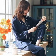 51j Summer Satin Silk Pajama Thin Navy Blue Pyjamas For Women PJ Set Full Sleeve Sleepwear Lad IY3