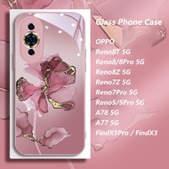 เคส OPPO Reno8T 5G เคส Reno8/8Z/8Pro/Reno7Z/7Pro/Reno6/Reno5หินอ่อนแก้วลายดอกไม้เคสแข็ง A78แข็ง/A77/FindX3/FindX5Pro