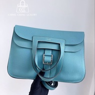 🌈Hermes🩵Halzan 31🩵馬卡龍藍色銀扣🌈99新🌟TC皮🌟愛馬仕🌟