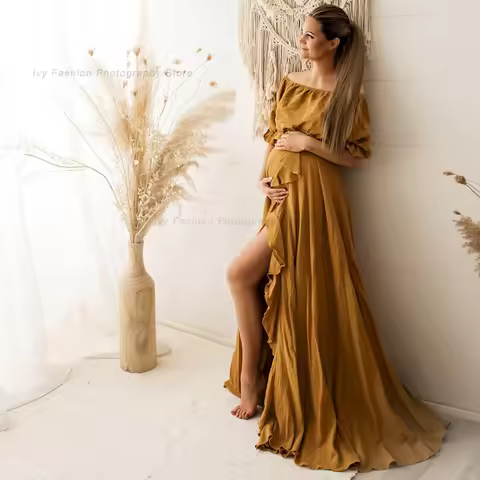 Bohemian Pregnancy Dress Side Split Ruffle Edge Vintage Comfortable Linen Dress Comfortable Linen Bo