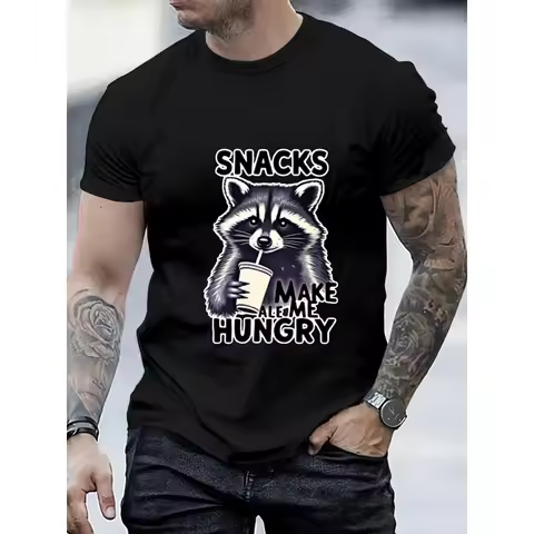Men's T-Shirt Black Raccoon Snacks Make Me Hungry Printed Pattern High Quality Cotton 180g