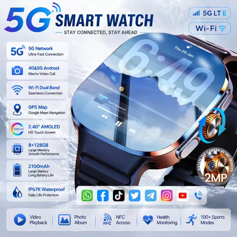 New 4G/5G Call Smart Watch 8+128GB Memory Google Maps APP Download 2MP Camera Video Call 2100mAh Men