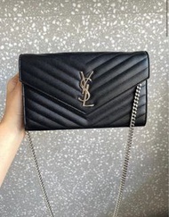 YSL WOC鏈條信封包  斜挎包~黑銀