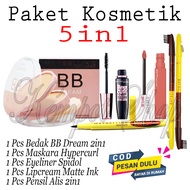 Paket Kosmetik 5in1 - Bedak BB Dream Wonder 2in1 + Maskara Hypercurl + Eyeliner Spidol + Lipcream Matte Ink Superstay + Pensil Alis 2in1