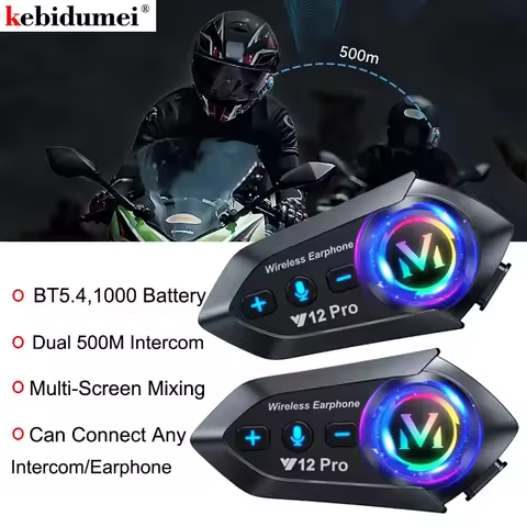 1/2x Y12 Pro Motorcycle Helmet Intercom V5.4 Hands Free Call Kit 500M For 2 Rider Intercomunicador M