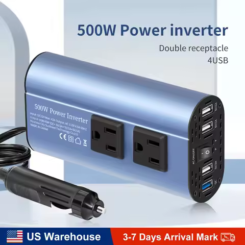 Modified Frequency Inverter Double receptacle 4USB 500W DC12V To AC110V Ports Car Adapter Portable I
