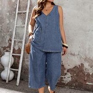Plus Size Sleeveless Top And Wide Leg Jeans 2 Pieces Set,Summer Women Romantic/Prom/Formal/Birthday/