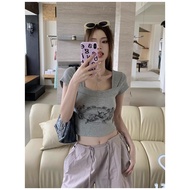 Gray Short Sleeve T-Shirt - 92% Cotton 8% Spandex, Ribbed, Square Neck, Printed - Girls' Fashionable