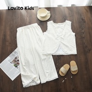 Lovito Girls' Casual Bow Lace Pants Sets, Spring/Summer White Outfit Set LNL115074