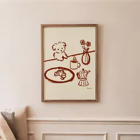 Abstract Coffee Wall Art, Sneaky Dog Kitchen Art, Scandi Breakfast Poster, Whimsical Animal Sketch, 