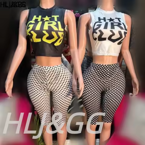 HLJ&GG Fashion Polka Dot Print Shorts Two Piece Sets Women O Neck Sleeveless Slim Tank Top And Short