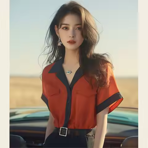 New Summer Style Unique and Unique Tops with Mature French Niche Red Shirt