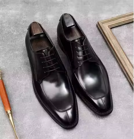 British Genuine Leather Men's Business Shoes, Split Toe Derby Shoes, Polished Calfskin, Beaded Edge,