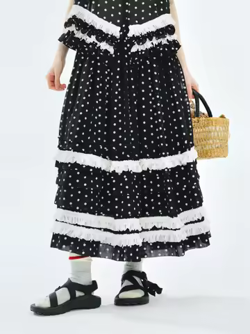 Half length skirt 2025 imakokoni original summer Japanese art polka dot chiffon lace A-line skirt 25