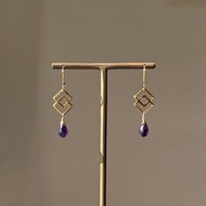 菱形連結墜飾與寶石級紫水晶耳環 (醫療級不鏽鋼14K包金)