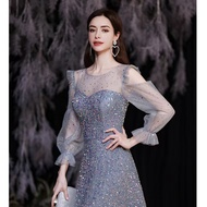 Blue long sleeve evening dress ball gown sequin dress for performance stage host evening gown Prom D