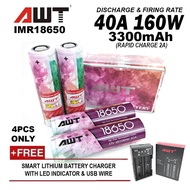 AWT IMR 18650 RECHARGEABLE BATTERY 3300MAH 40A 4PCS ORIGINAL FREE SMART CHARGER (READYSTOK) MNA GADGETZ