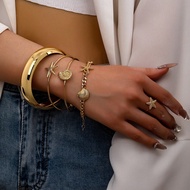 5 Pcs Summer Beach Elements Starfish Shell Cuff Bracelets Set, Starfish Ring & Bangle Set, Women Mar