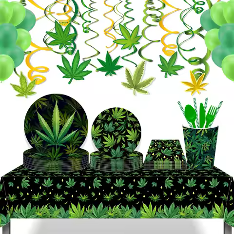 Summer Cannabis Leaves Botanical Green Leaf Decoration Birthday Decorations Party Tableware Sets 9 I