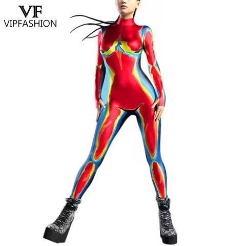VIP FASHION Colorful Zentai Bodysuit Thumb Sleeves Cosplay Costume Front Zipper Jumpsuit Burning Man