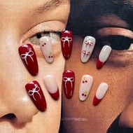 10PCS Bow Red Press on nails short almond nails/bow nails/French nails/Retro nails/Elegant nails/Bir