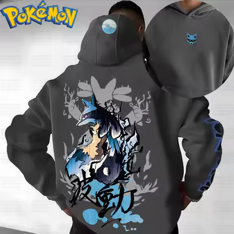 Pokemon Anime Lucario Cotton Hoodie Harajuku Pants Set Gray Character Print with Blue Black Aura Pat