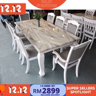 bilik Furniture- Dining Set / Marble Table / 1 8 / 1 Meja 8 Kerusi / Set / meja makan 8 kerusi/Brawn/White