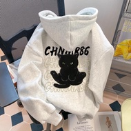 Women's loose black cat hoodie 86 Korean winter long-sleeved sweatshirt TA