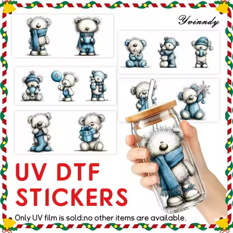 5Pcs/Set Winter Teddy Bear 16OZ Glass Jar Transfer Paper UV DTF High Self-Adhesive Transfer Paper Su